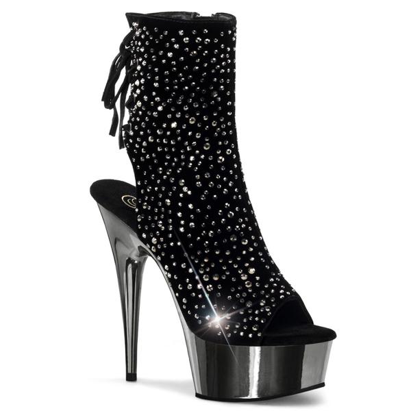 DELIGHT-1018RS Pleaser high heels platform ankle boots black velvet pewter rhinestones