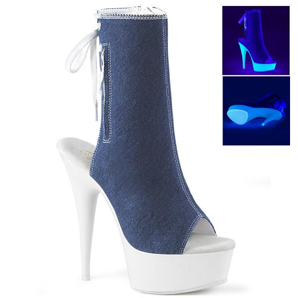 DELIGHT-1018SK Pleaser High Heels Peep Toe Stiefeletten Leinen denim blau neon weiß