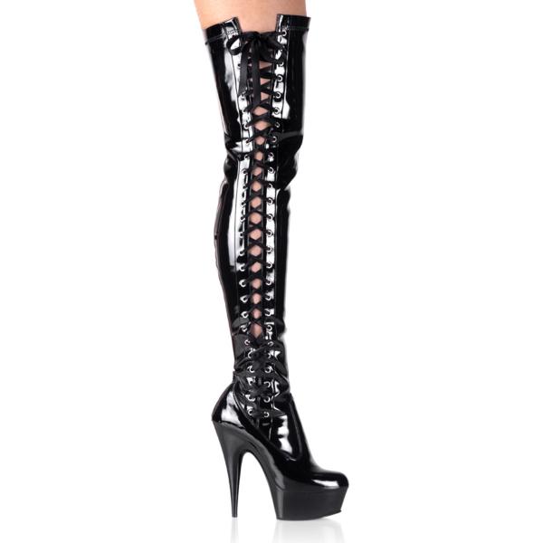 DELIGHT-3050 Pleaser High Heels platform thigh high boot black patent side lace-up