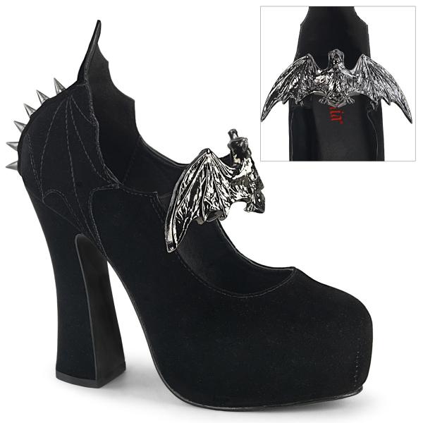 DEMON-18 DemoniaCult Damen Gothic Pumps Fledermaus Schnalle Nieten schwarz Velvet