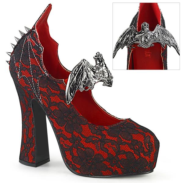 DEMON-18 DemoniaCult Damen Gothic Pumps Fledermaus Nieten rot Satin schwarz Spitze