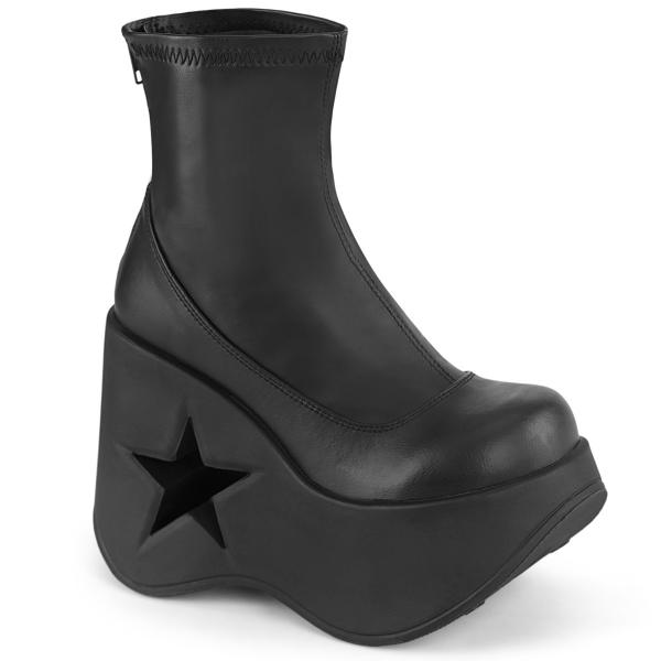 DYNAMITE-100 DemoniaCult vegan star cutout wedge ankle boot black stretch matte