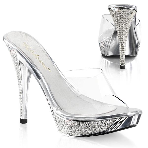ELEGANT-401 Fabulicious High-Heels Plateaupantoletten klar silber Chrom mit Strass