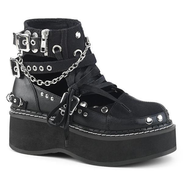 Auktion EMILY-317 vegane DemoniaCult Damen Booties schwarz Leinen Lederoptik Nieten Ketten 36