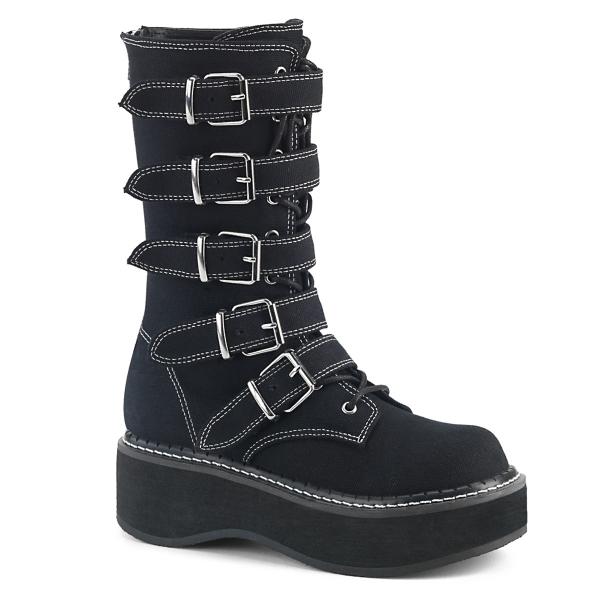 Sale EMILY-341 wadenhohe DemoniaCult Damen Plateaustiefel schwarz weiß Leinen 5 Riemen 38