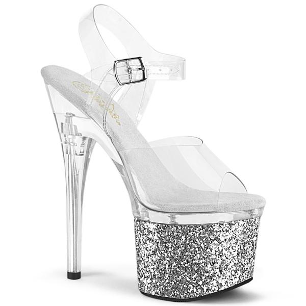 ESTEEM-708LG Pleaser Damen High Heels Plateausandaletten klar silber Glitter