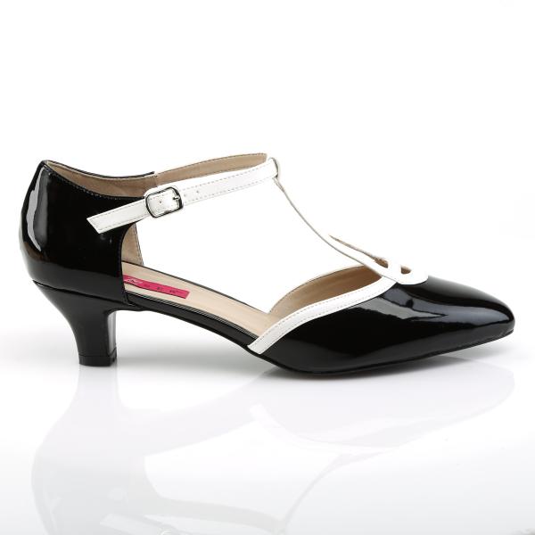 Sale FAB-428 Pleaser T-Riemchen Pumps schwarz-weiß Lack seitlich offen Übergrößen 45