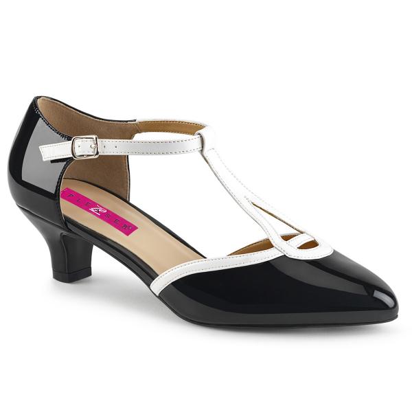 Sale FAB-428 Pleaser T-Riemchen Pumps schwarz-weiß Lack seitlich offen Übergrößen 45