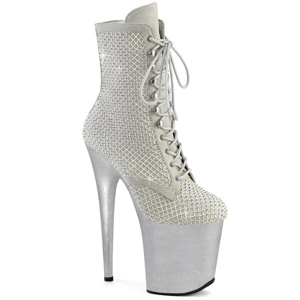 FLAMINGO-1020RM Pleaser High Heels Plateaustiefeletten silber Samt Strass Gewebenetz