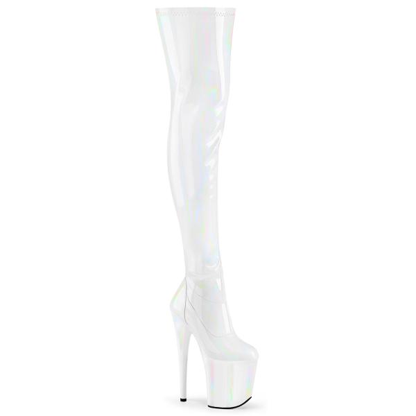 FLAMINGO-3000HWR Pleaser Plateauoverkneestiefel weiß Hologramm Stretch Lack
