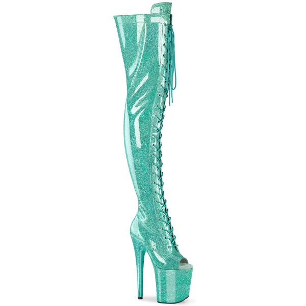 FLAMINGO-3021GP Pleaser vegan high heels peep toe thigh high boot aqua glitter patent