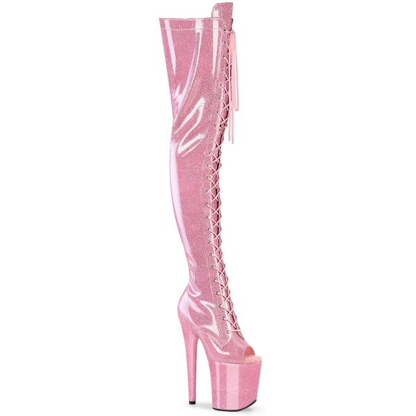 FLAMINGO-3021GP Pleaser vegan high heels peep toe thigh high boot baby pink glitter patent