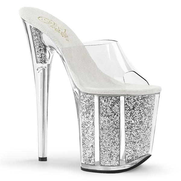 FLAMINGO-801G Pleaser High-Heels Plateau Pantoletten transparent silber Glitter