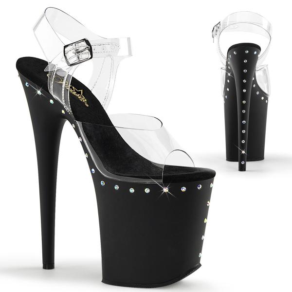 FLAMINGO-808ABLS Pleaser high heels platform sandal clear black matte rhinestones