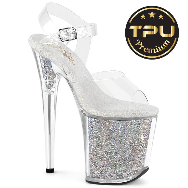 Sale FLAMINGO-808PREM-RSI Pleaser Pole Dance Plateausandaletten klar silber AB Strass TPU 38
