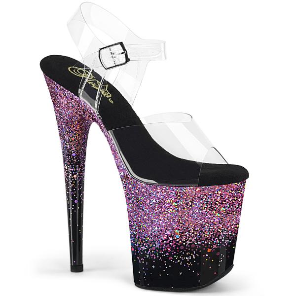 FLAMINGO-808SS Pleaser ankle strap sandal clear black purple multi holographic glitter