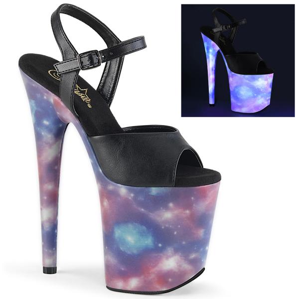 FLAMINGO-809REFL Pleaser High-Heels Sandaletten schwarz reflektierende Galaxie lila-blau