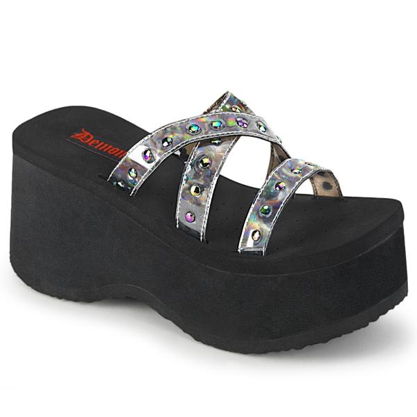 FUNN-19 DemoniaCult Damen Plateau Pantoletten Flachnieten schwarz Ölfleck-Hologramm