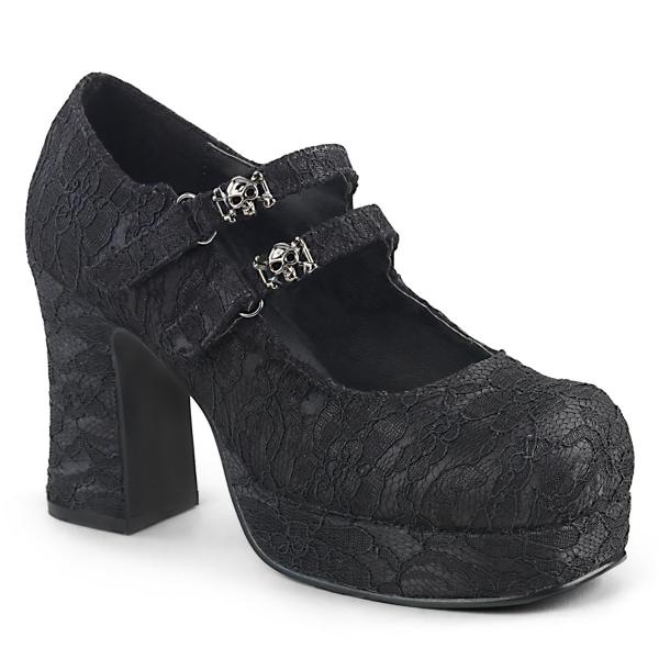 Auktion GOTHIKA-09 DemoniaCult Damen Riemchen Plateau Pumps schwarz Satin Spitze Totenkopf 38