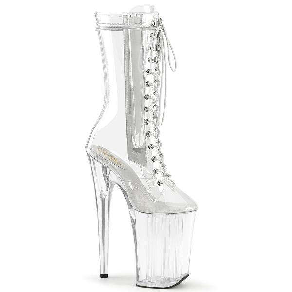 INFINITY-1050C Pleaser vegan high heels platform mid calf boot clear