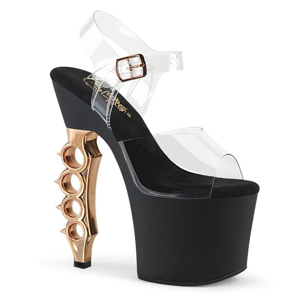 IRONGRIP-708 Pleaser High Heels Riemen Plateausandaletten Schlagringabsatz klar schwarz kupfer