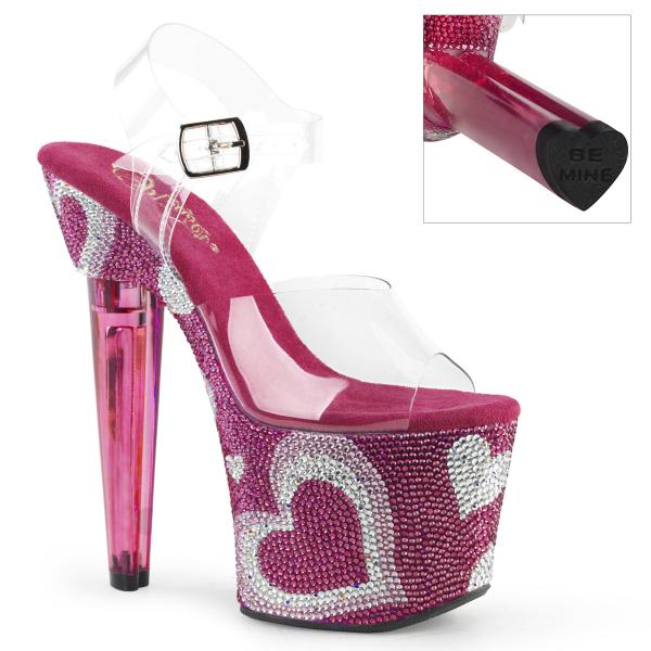 LOVESICK-708HEART Pleaser Herzabsatz Plateausandaletten klar hotpink weiß Strass