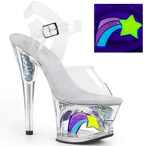 MOON-708RSS Pleaser high heels ankle strap platform sandal UV reactive shooting star clear