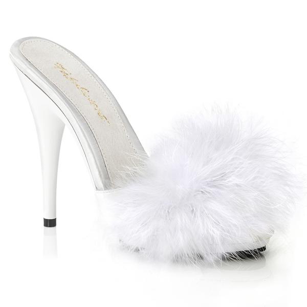 POISE-501F Fabulicious Damen Satin Plateau Stiletto Pantoletten weiß Marabufell