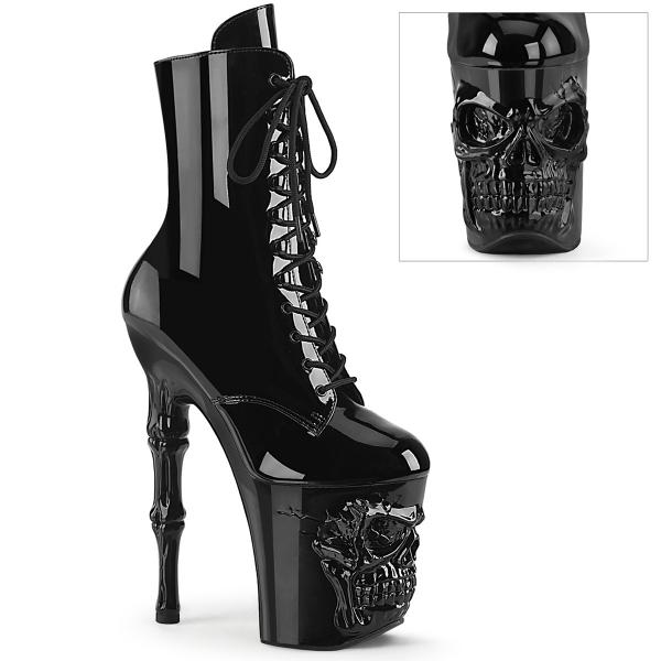 RAPTURE-1020 Pleaser High Heels Plateaustiefeletten 3D Totenkopf schwarz Lack