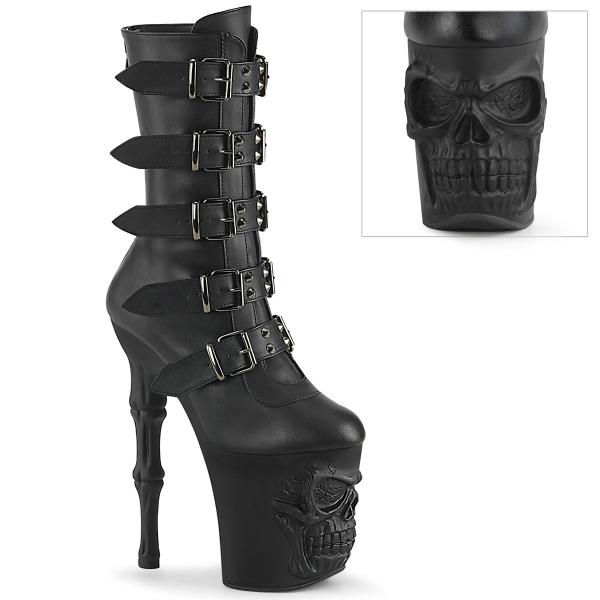RAPTURE-1052BK Pleaser wadenhohe Plateaustiefel 3D Totenkopf Knochenabsatz schwarz Matt