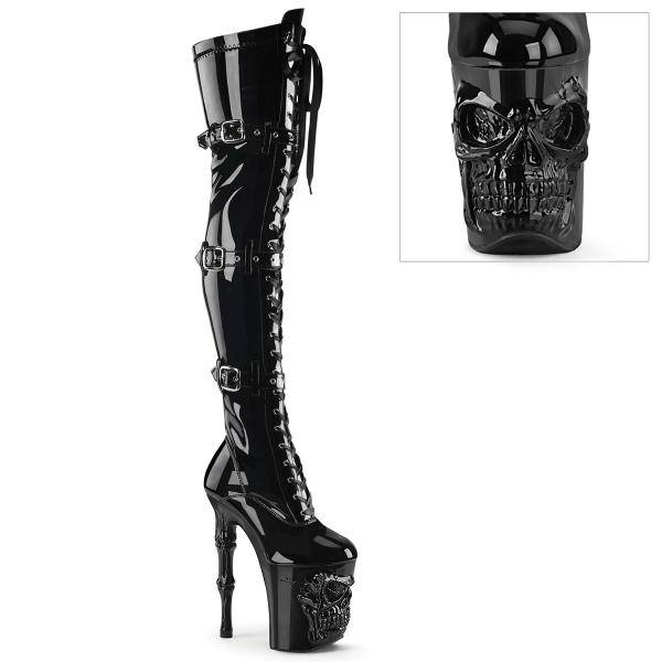 Sale RAPTURE-3028 Pleaser Plateauoverkneestiefel Bones Totenkopf schwarz Stretch Lack 36