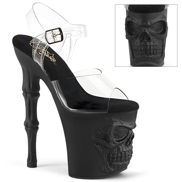 RAPTURE-808 Pleaser Damen High Heels Plateausandaletten klar schwarz 3D Totenkopf