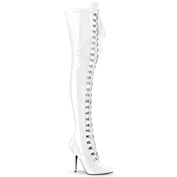 SEDUCE-3024 Pleaser high heels d-ring lace-up tigh stretch boots white patent