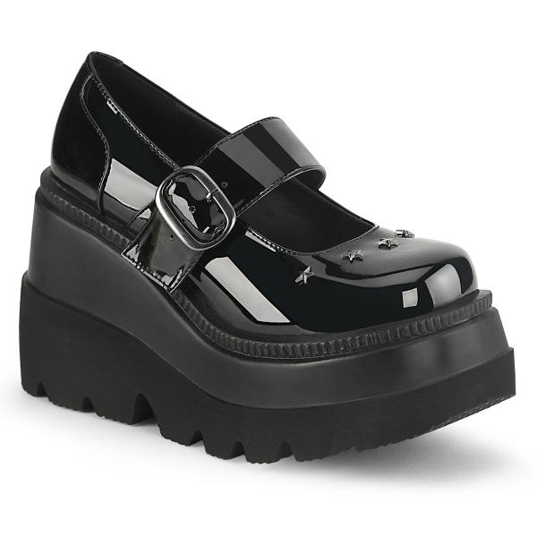 Auktion SHAKER-23 DemoniaCult vegane Damen Riemen Keil-Plateaupumps schwarz Lack Sternnieten 42