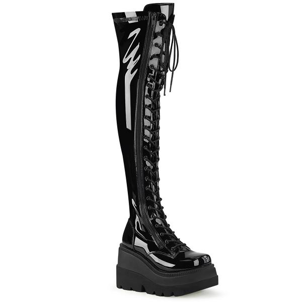 SHAKER-374 DemoniaCult wedge platform high heels stretch thigh high boot black patent