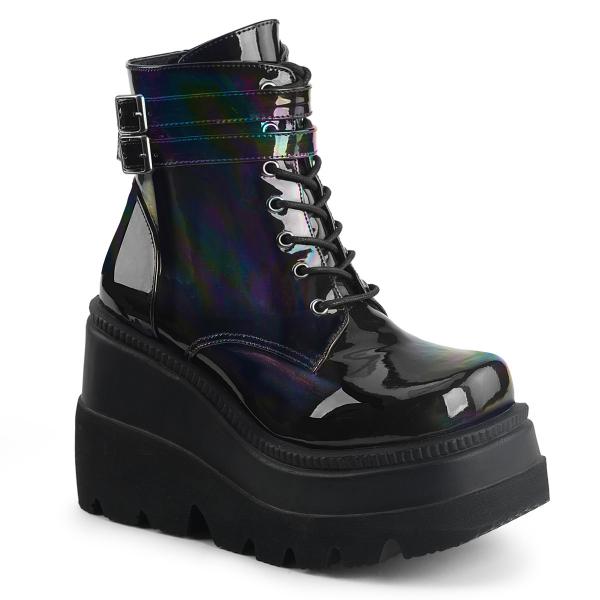 Sale SHAKER-52 DemoniaCult Damen knöchelhohe Keil-Plateau Schnür-Stiefeletten schwarz Hologramm 38