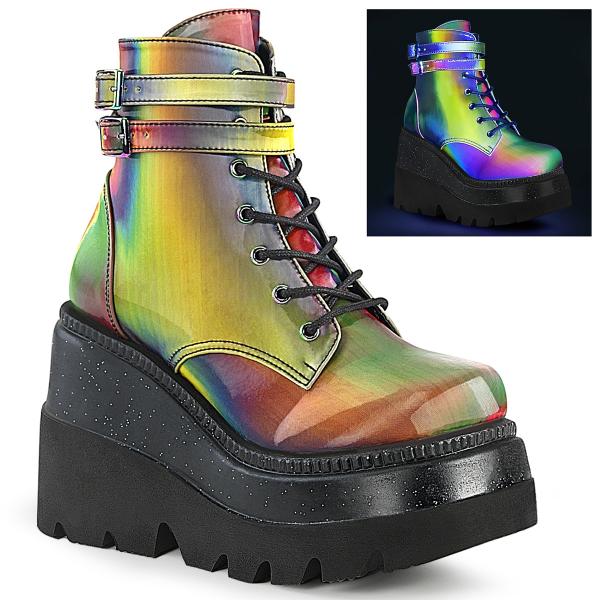 Sale SHAKER-52 DemoniaCult wedge platform lace-up ankle boot rainbow reflective 41