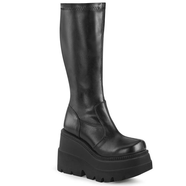 Auktion SHAKER-65 DemoniaCult Kniehohe Damen Keil Plateau Stiefel schwarz Stretch Lederoptik 42