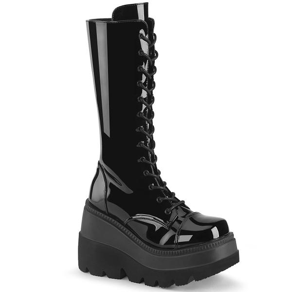 SHAKER-72 DemoniaCult wedge platform lace-up front mid-calf boot black patent