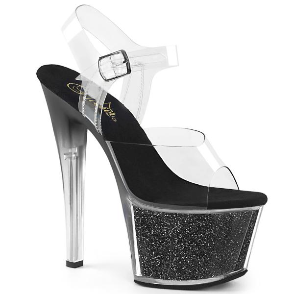 SKY-308G-T Pleaser High-Heels Plateausandaletten klar schwarz Glitter getönter Absatz