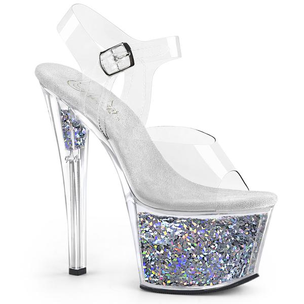 SKY-308GF sexy Pleaser High-Heels Plateausandaletten klar silber Multiglitter
