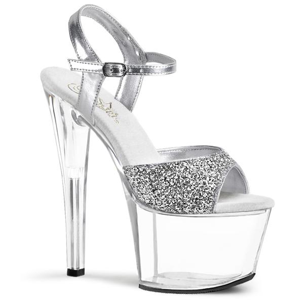 SKY-310 Pleaser high heels platform ankle strap sandal silver glitter clear