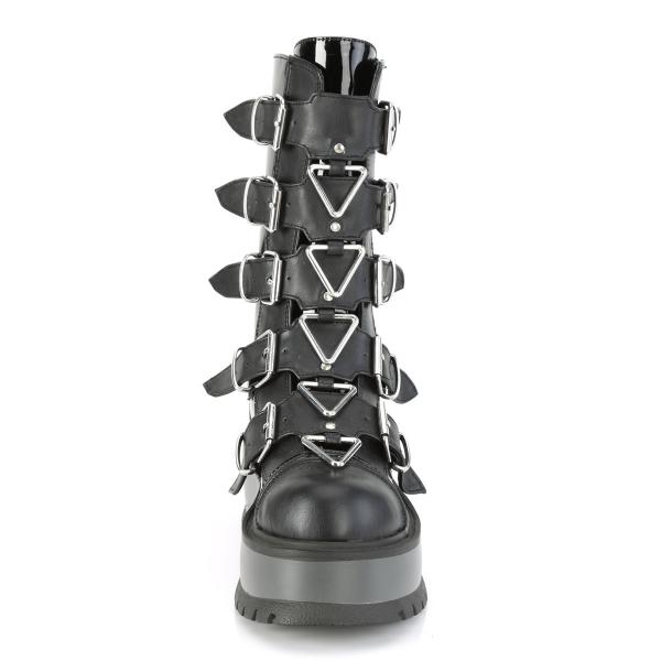 Auktion SLACKER-160 DemoniaCult vegane Damen Plateau Stiefel Dreiecksringe Metall schwarz Lack Lederlook 38