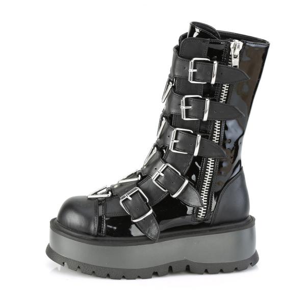 Auktion SLACKER-160 DemoniaCult vegane Damen Plateau Stiefel Dreiecksringe Metall schwarz Lack Lederlook 38