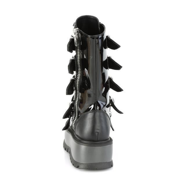 Auktion SLACKER-160 DemoniaCult vegane Damen Plateau Stiefel Dreiecksringe Metall schwarz Lack Lederlook 38