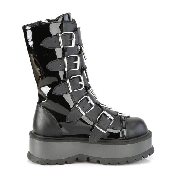 Auktion SLACKER-160 DemoniaCult vegane Damen Plateau Stiefel Dreiecksringe Metall schwarz Lack Lederlook 38