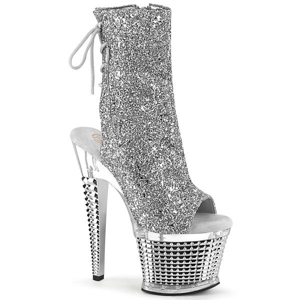 Sale SPECTATOR-1018G Pleaser Damen High Heel Plateaustiefeletten silber Glitter klar 38