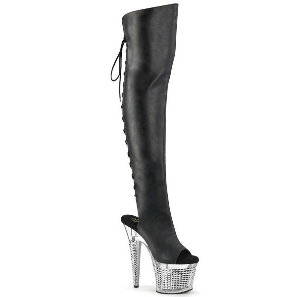 SPECTATOR-3019 Pleaser struktur Plateauoverkneestiefel schwarz Matt silber Chrom