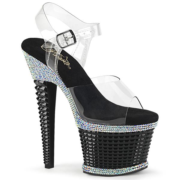 SPECTATOR-708RS Pleaser high heels ankle strap sandal silver rhinestones clear black