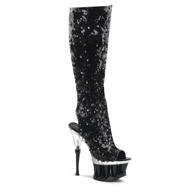 SPIKY-2019 Pleaser kniehohe Lady Plateaustiefel Haifischzähne schwarz Pailletten